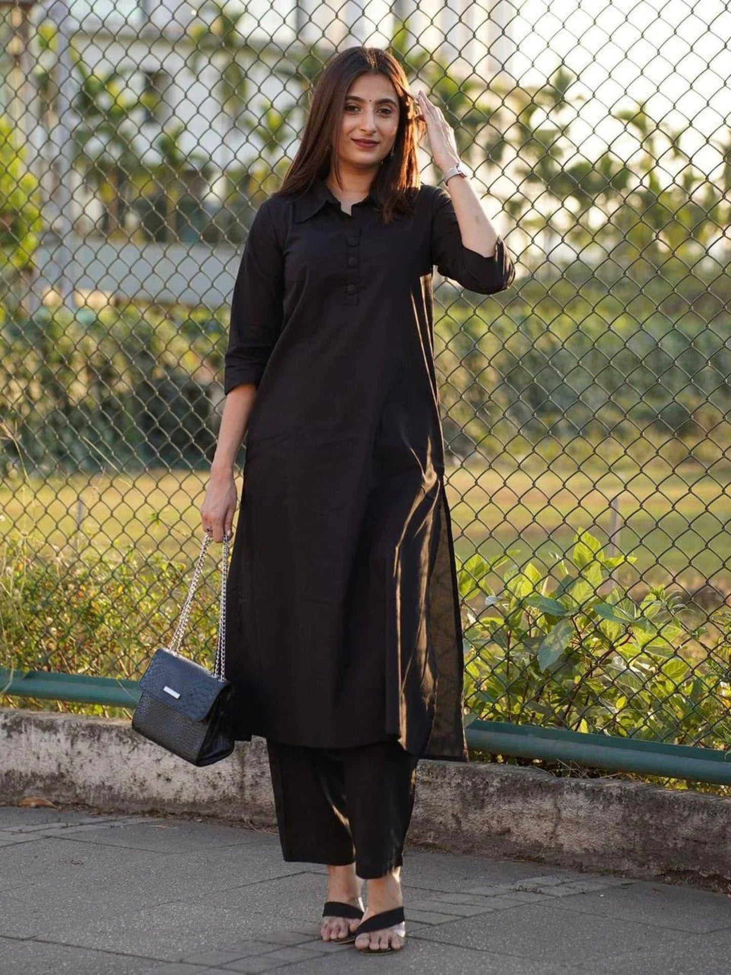 Collar Black Classic Soft Cotton Kurta With Pant