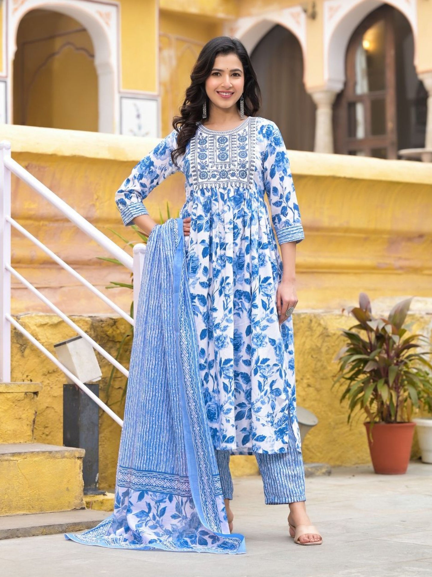 Women's Embroidery Sky Blue Floral Printed Kurta Pant With Dupatta