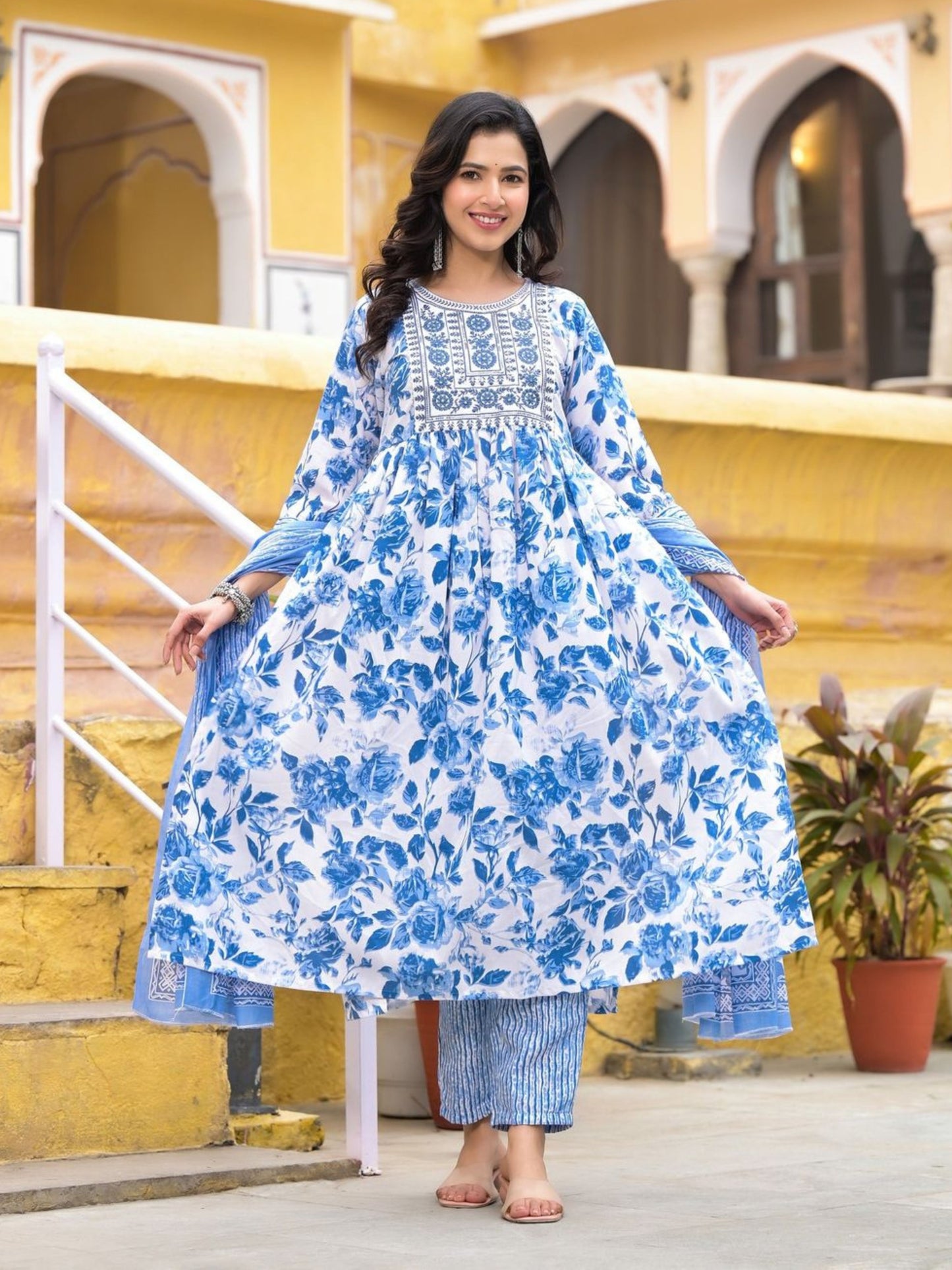 Women's Embroidery Sky Blue Floral Printed Kurta Pant With Dupatta