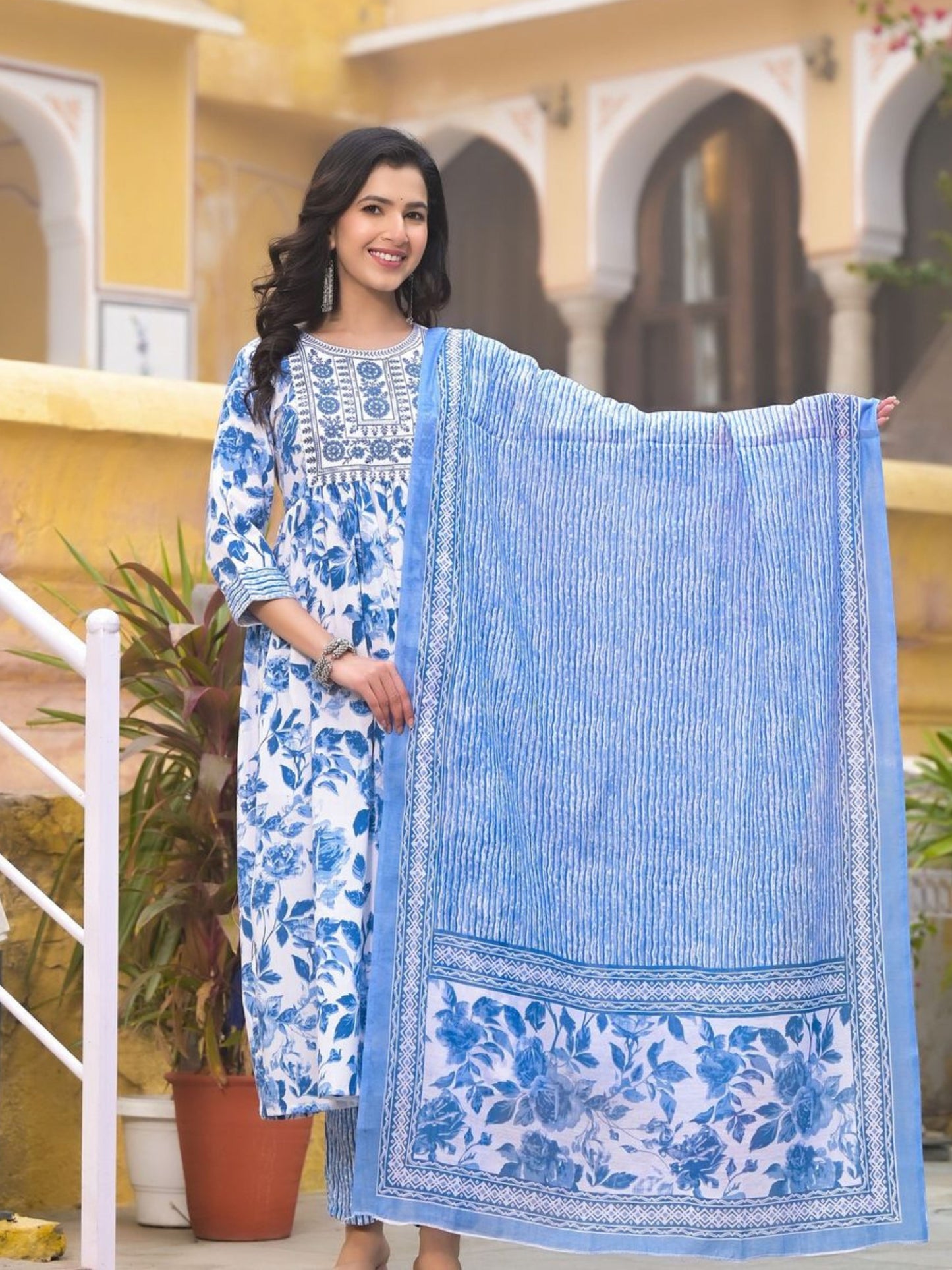 Women's Embroidery Sky Blue Floral Printed Kurta Pant With Dupatta