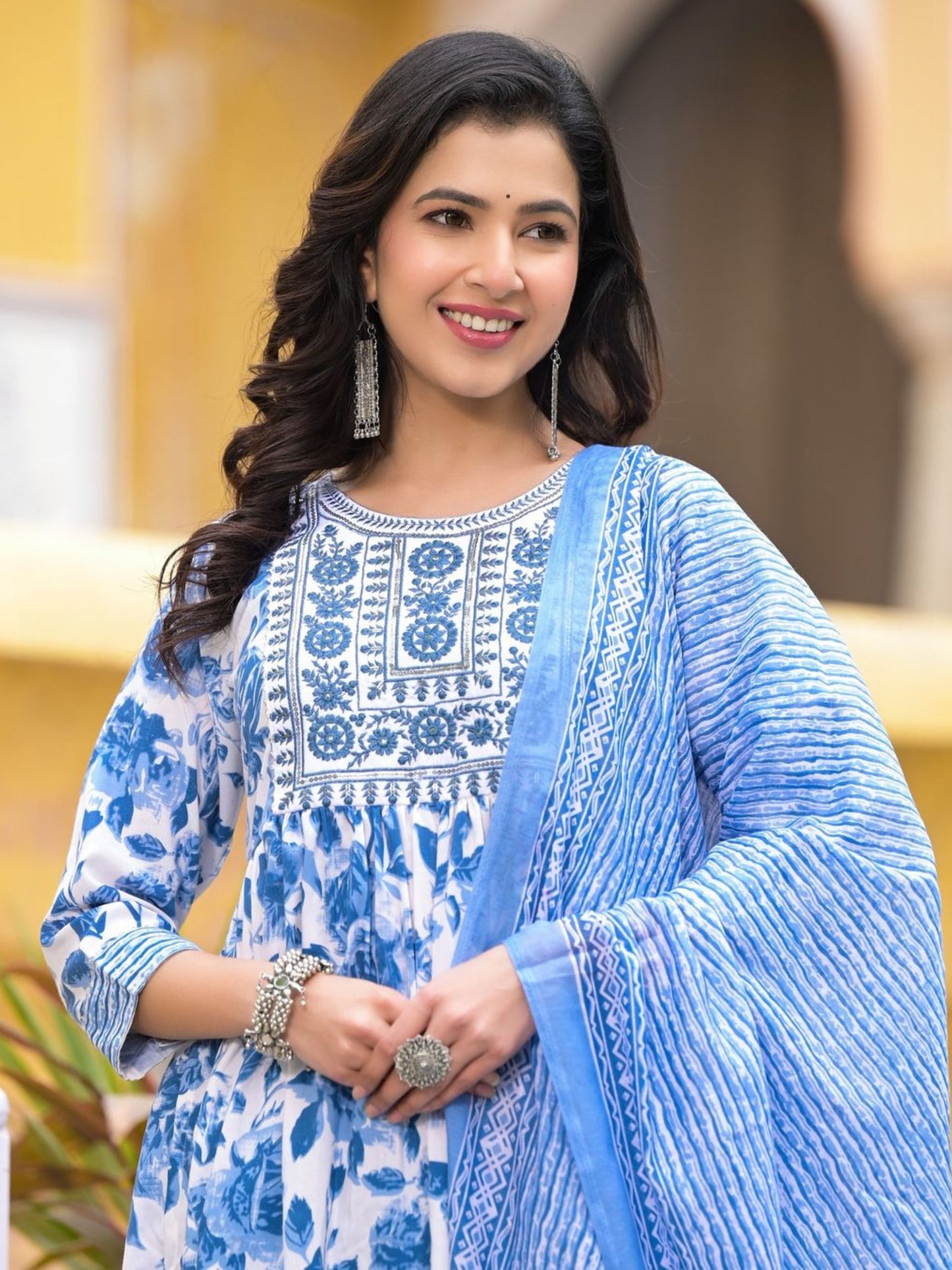 Women's Embroidery Sky Blue Floral Printed Kurta Pant With Dupatta