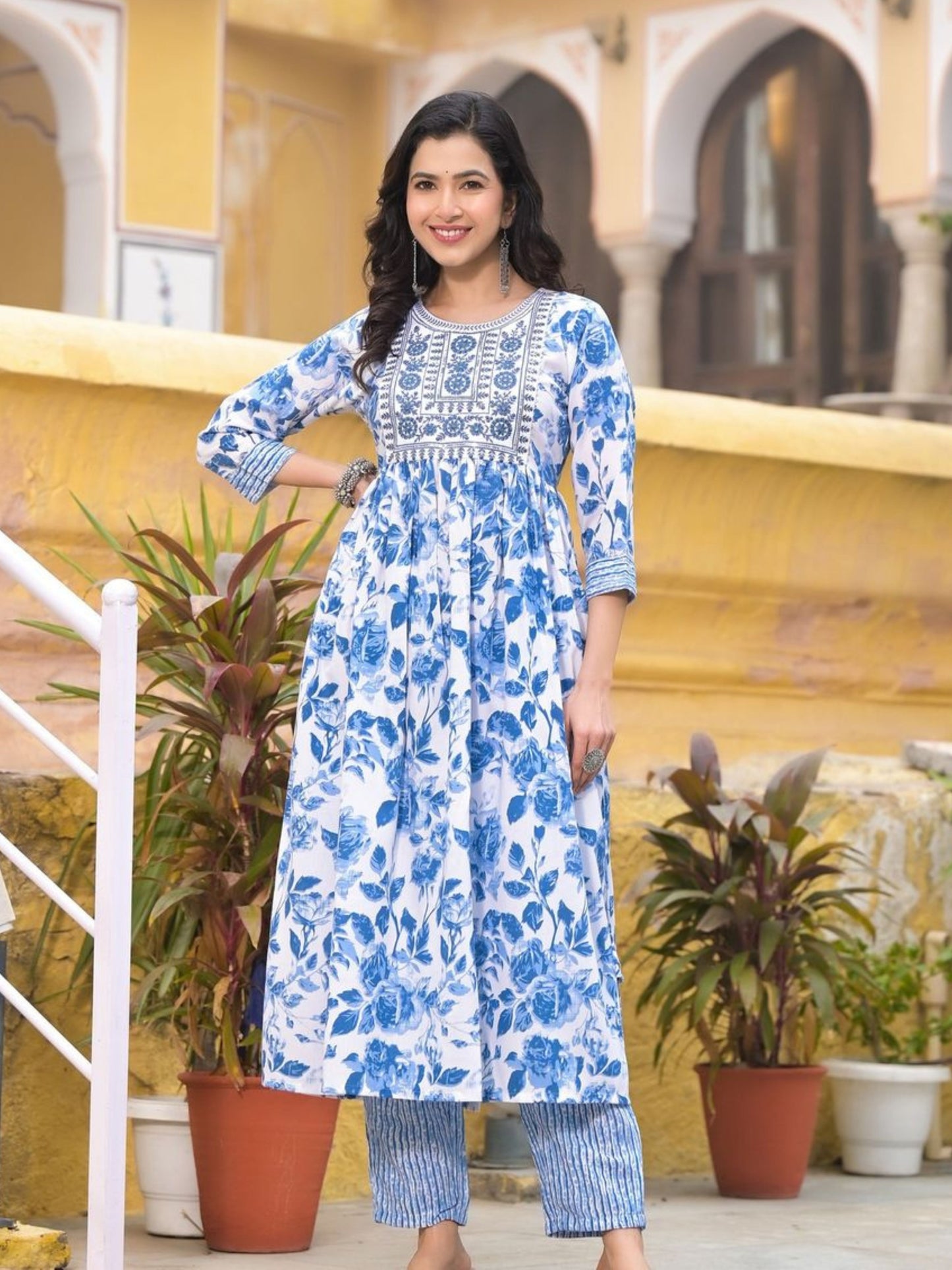 Women's Embroidery Sky Blue Floral Printed Kurta Pant With Dupatta