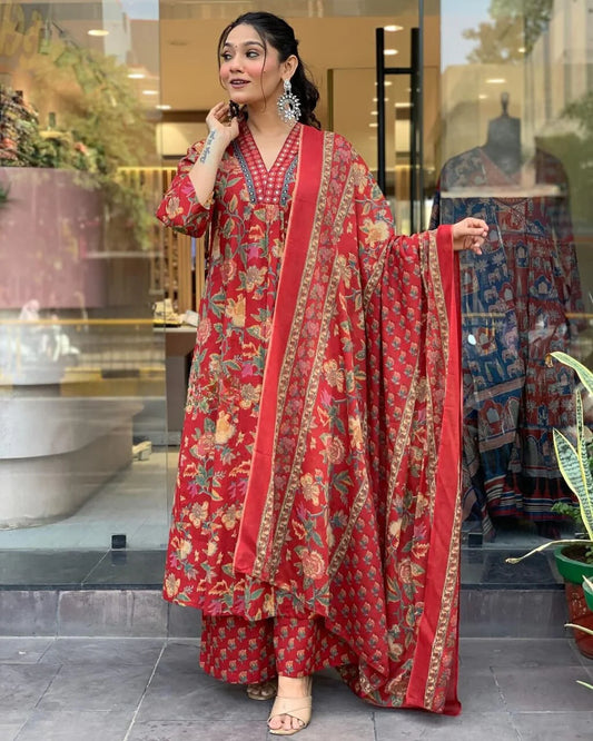 Charming Red Floral Printed Anarkali Kurta With Palazzo Pant & Dupatta