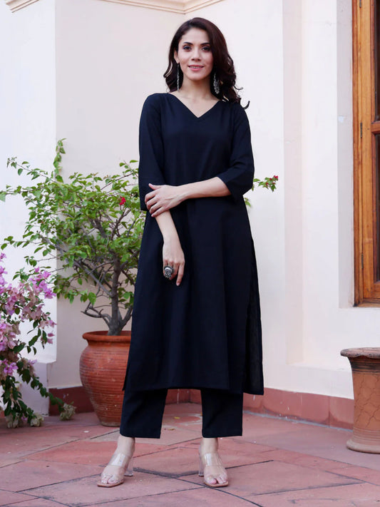 Classic Style Solid Black Premium Soft Cotton Kurta With Pant