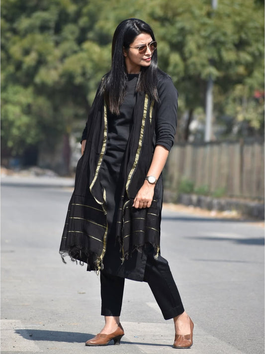 Bold Black Premium Soft Cotton Kurta Pant With Dupatta Work