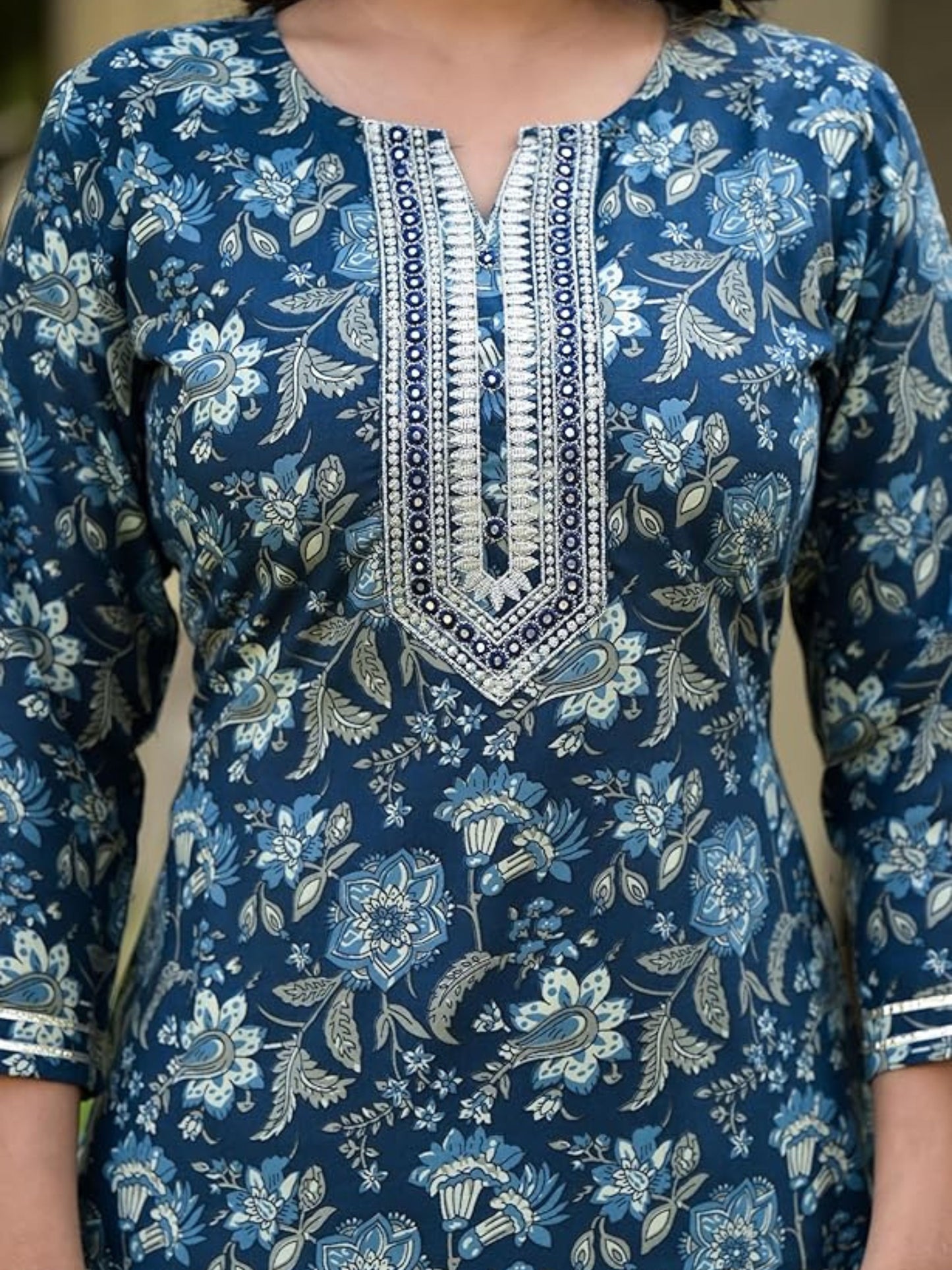Women's Blue Block Printed Embroidery Straight Kurta Pant With Dupatta