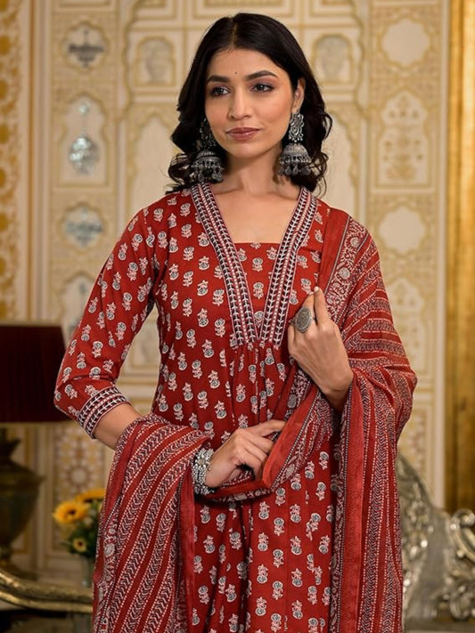 Women's Maroon Printed A-Line Kurta Pant With Dupatta