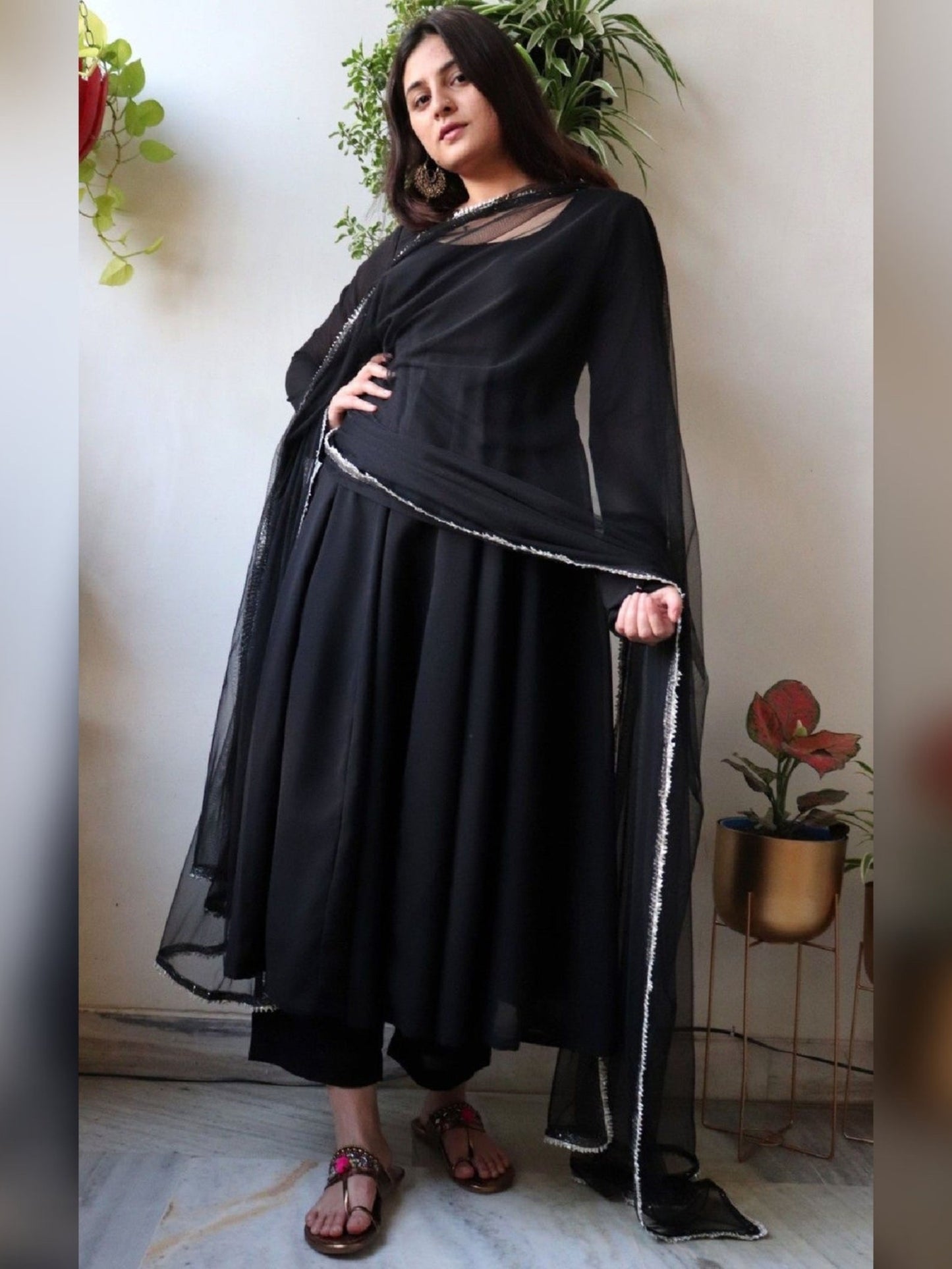 Solid Black Gher Style Cotton Kurta Pant With Dupatta