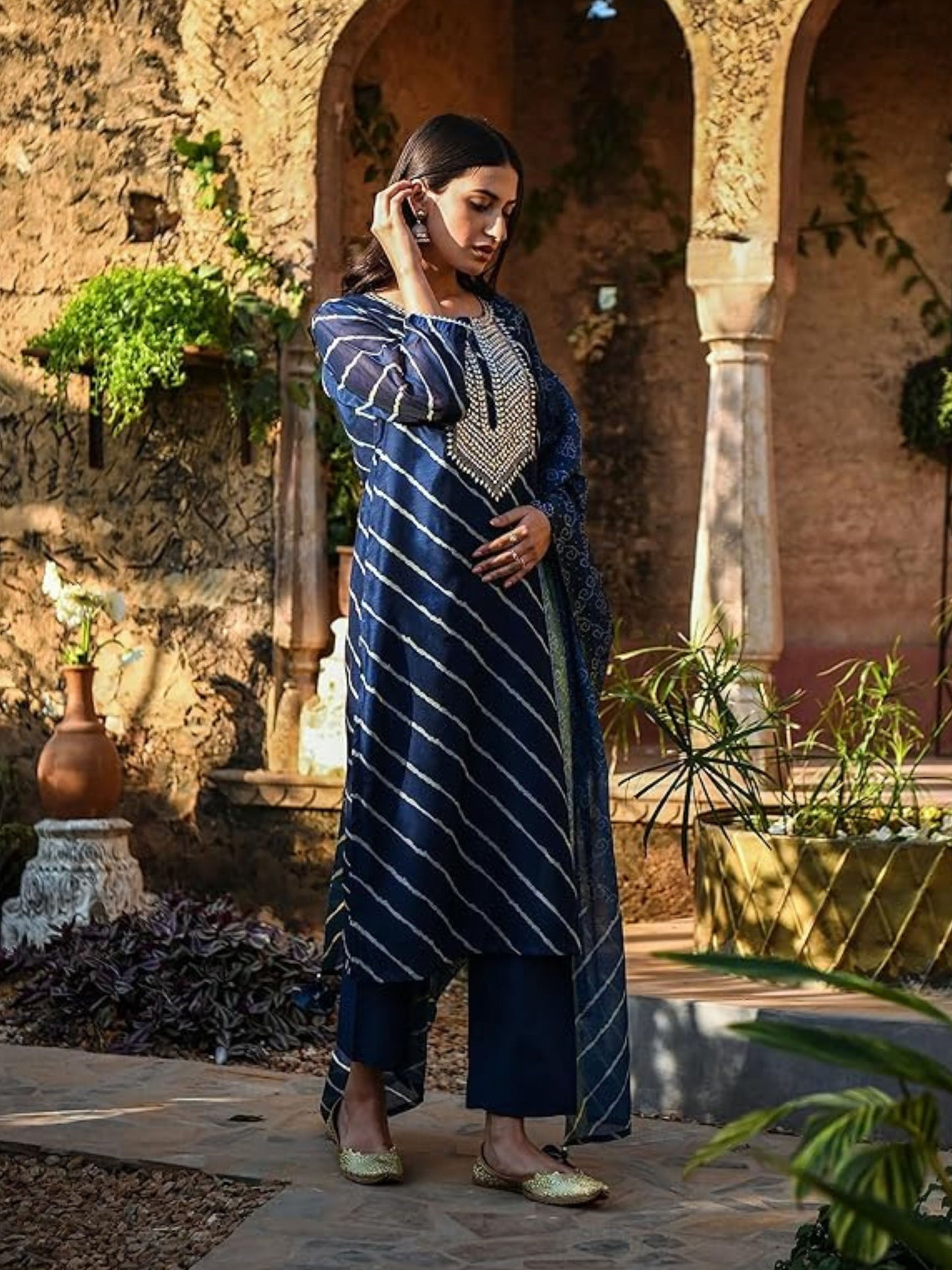 Women's Navy Blue Embroidered Cotton Kurta Pant With Dupatta