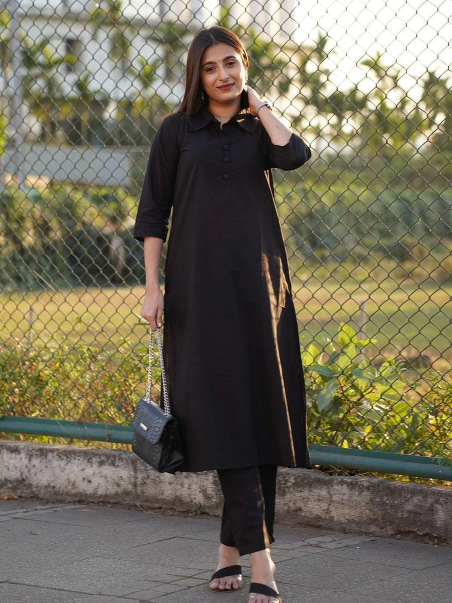 Collar Black Classic Soft Cotton Kurta With Pant