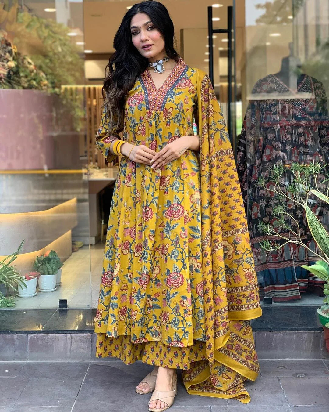 Mustard Yellow Floral Printed Anarkali Kurta With Palazzo Pant With Dupatta