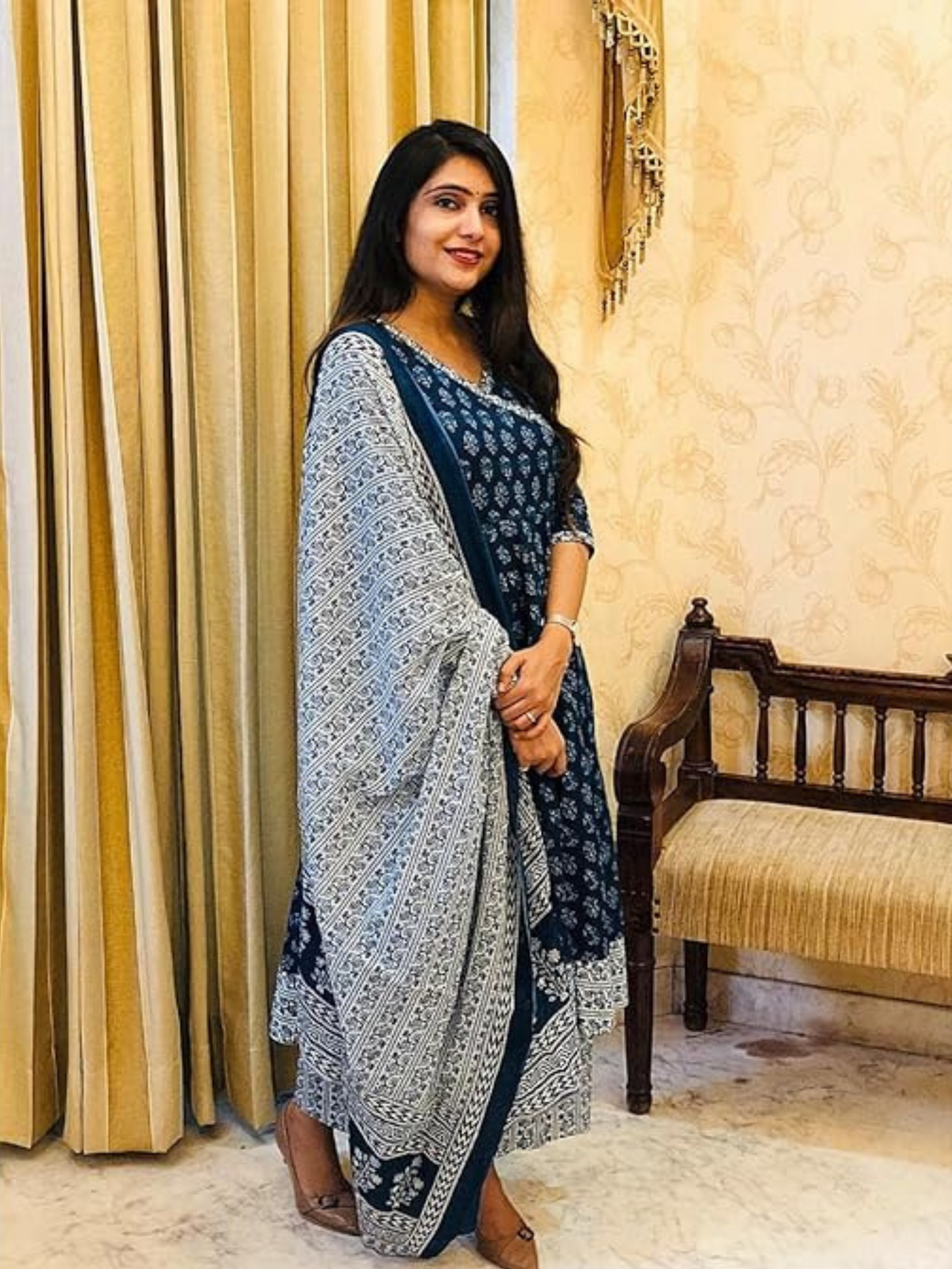 Women's Blue Printed Pattern Anarkali Style Kurta Pant With Dupatta