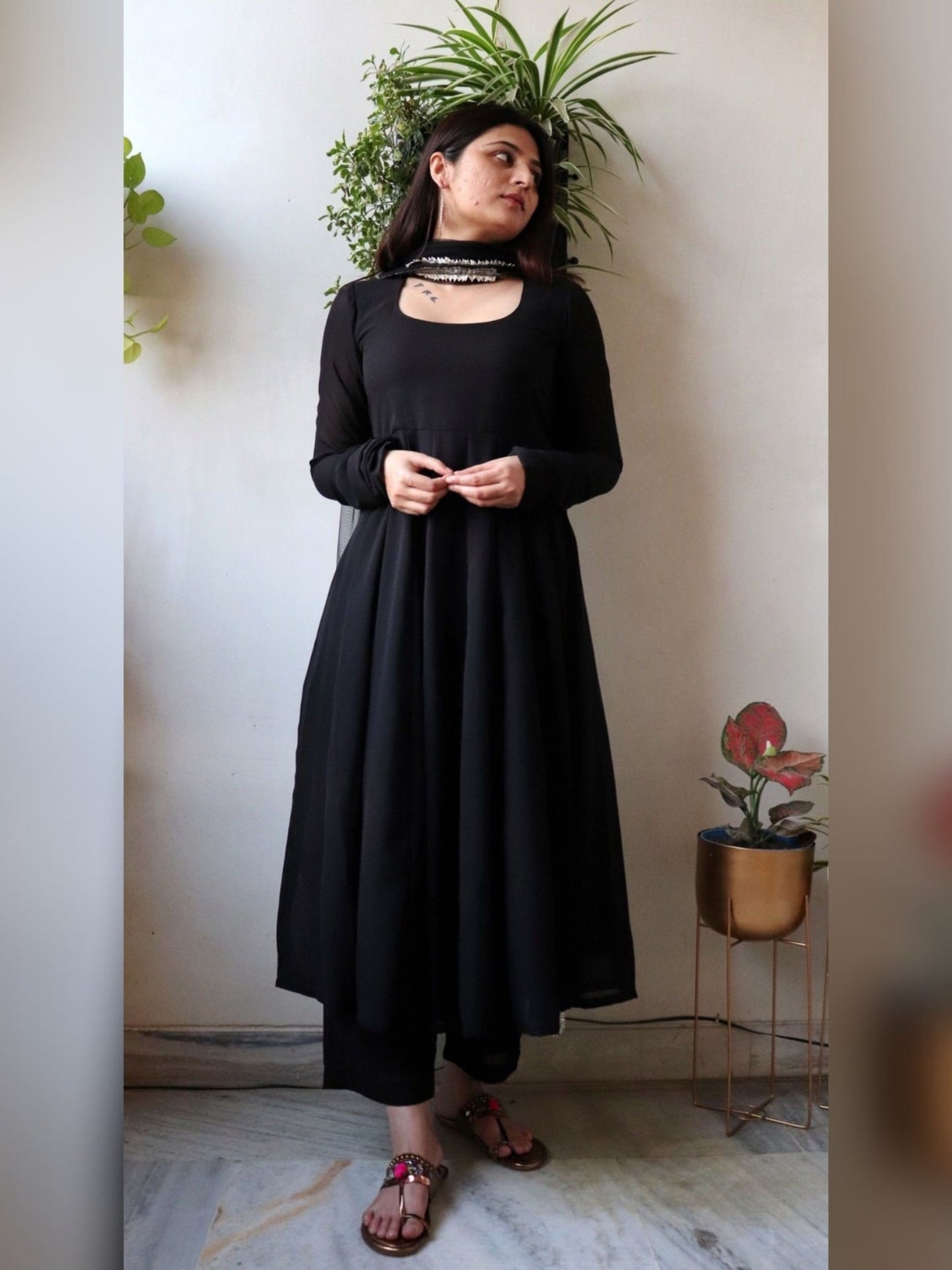 Solid Black Gher Style Cotton Kurta Pant With Dupatta
