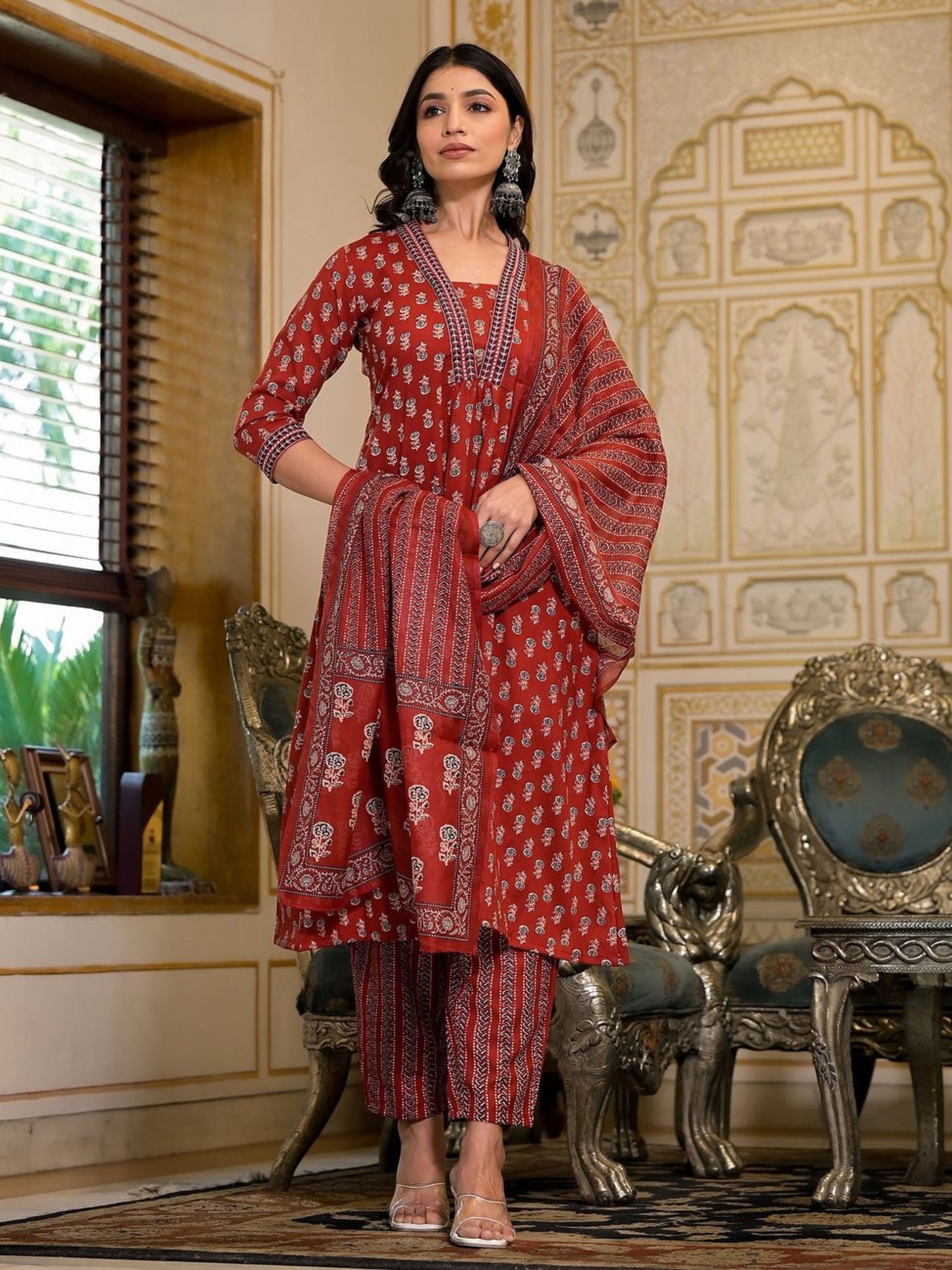 Women's Maroon Printed A-Line Kurta Pant With Dupatta