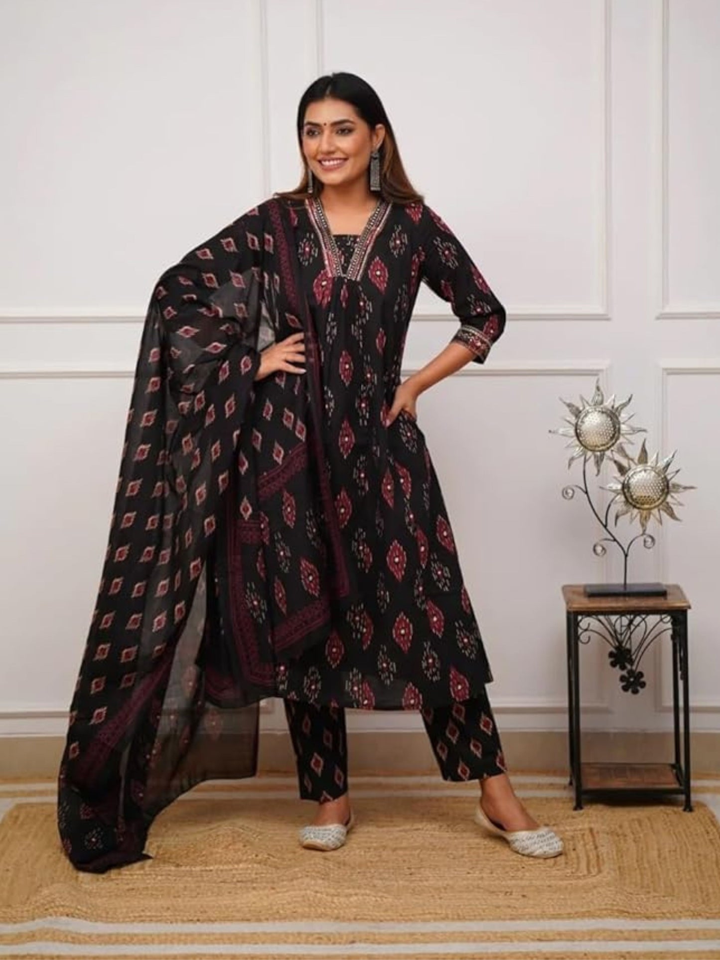 Women's Black Printed A-Line Kurta Pant With Dupatta