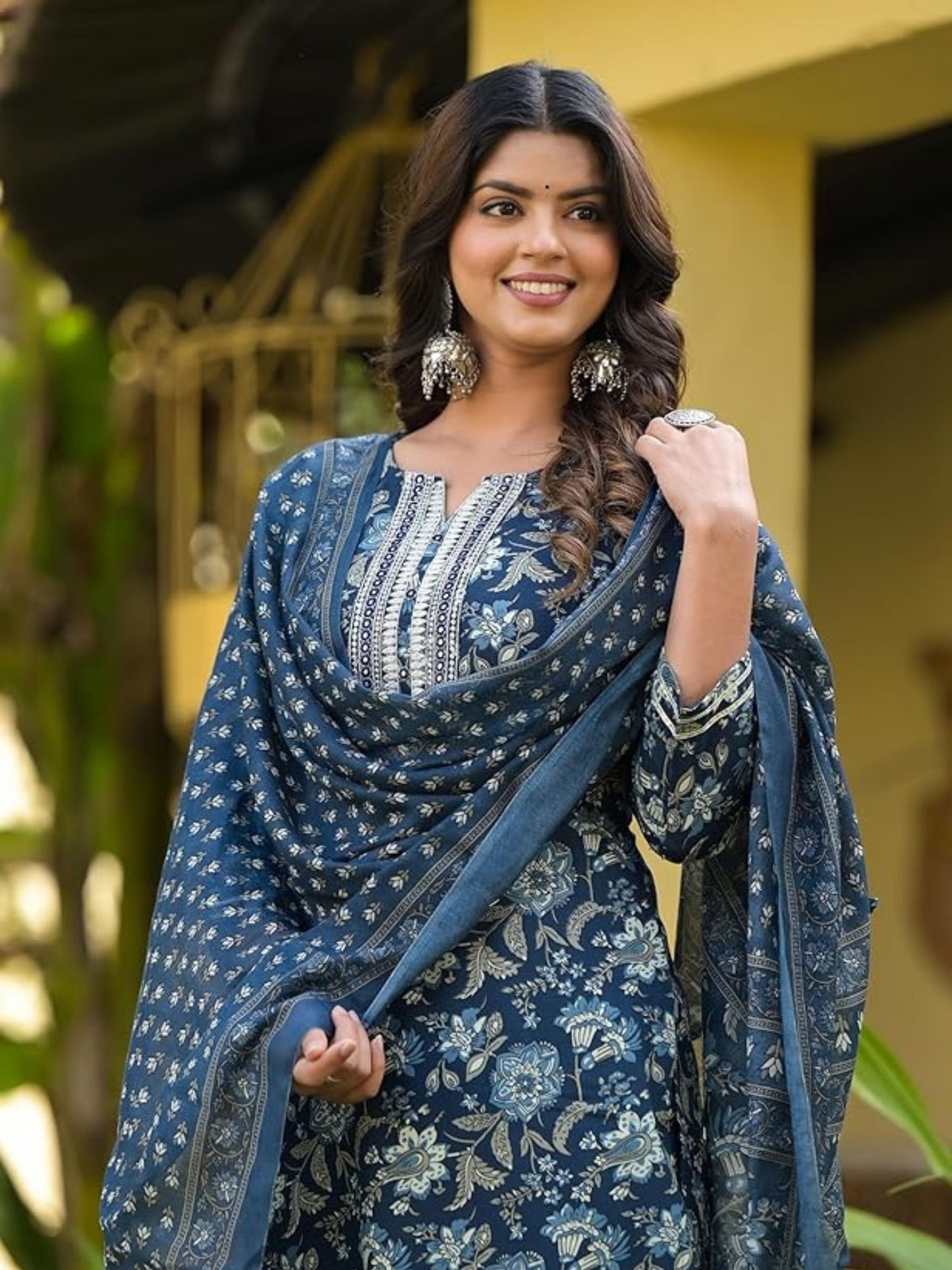 Women's Blue Block Printed Embroidery Straight Kurta Pant With Dupatta