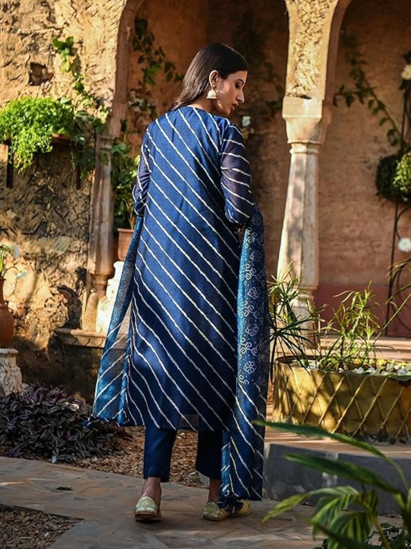 Women's Navy Blue Embroidered Cotton Kurta Pant With Dupatta