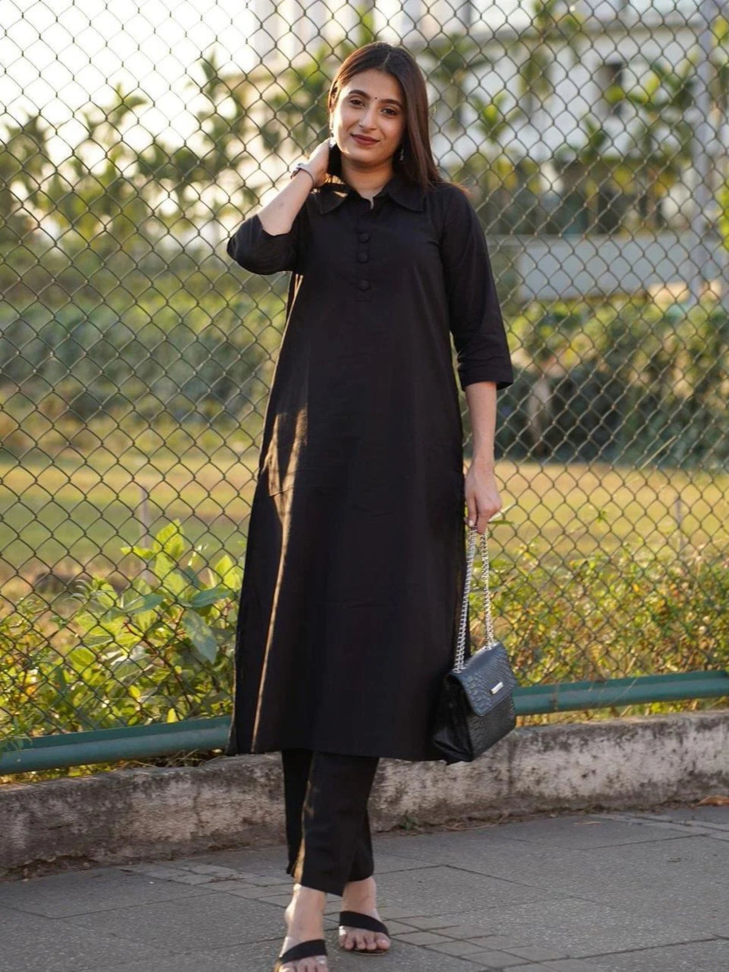 Collar Black Classic Soft Cotton Kurta With Pant
