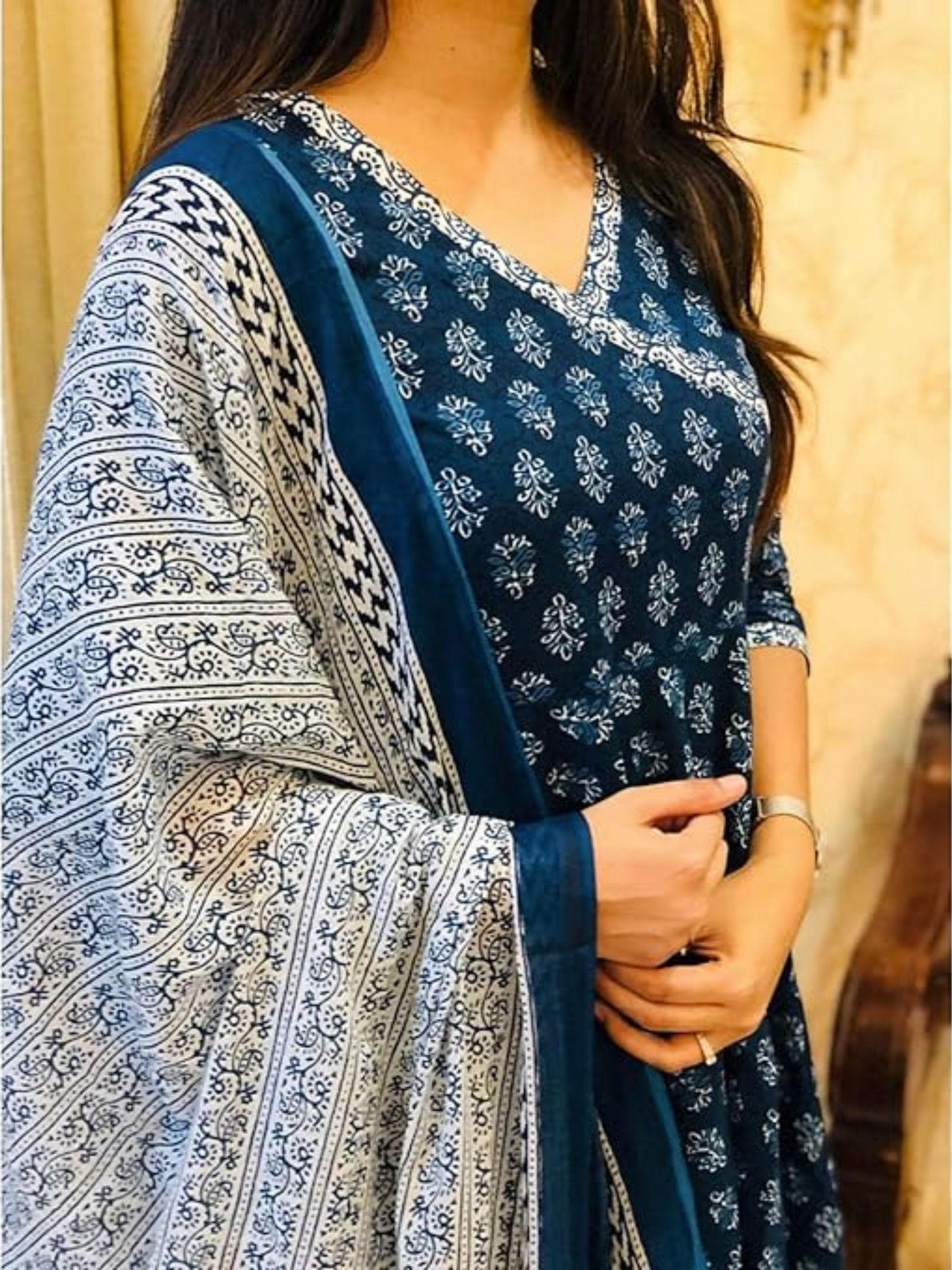 Women's Blue Printed Pattern Anarkali Style Kurta Pant With Dupatta