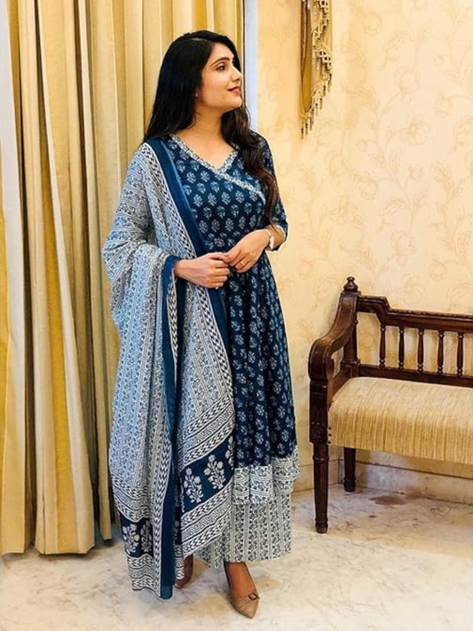 Women's Blue Printed Pattern Anarkali Style Kurta Pant With Dupatta