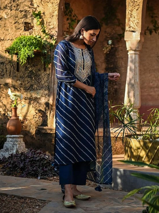 Women's Navy Blue Embroidered Cotton Kurta Pant With Dupatta