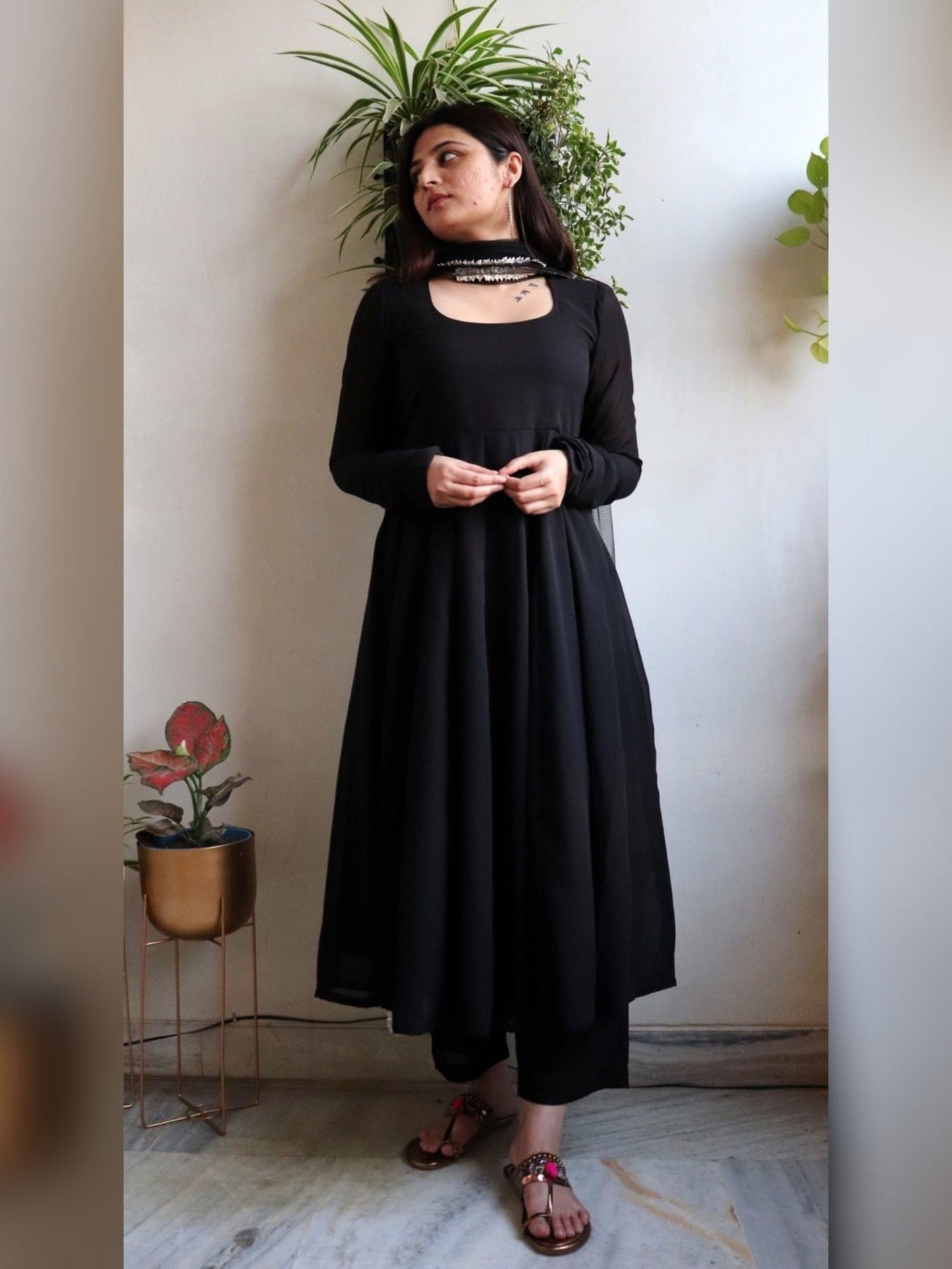 Solid Black Gher Style Cotton Kurta Pant With Dupatta