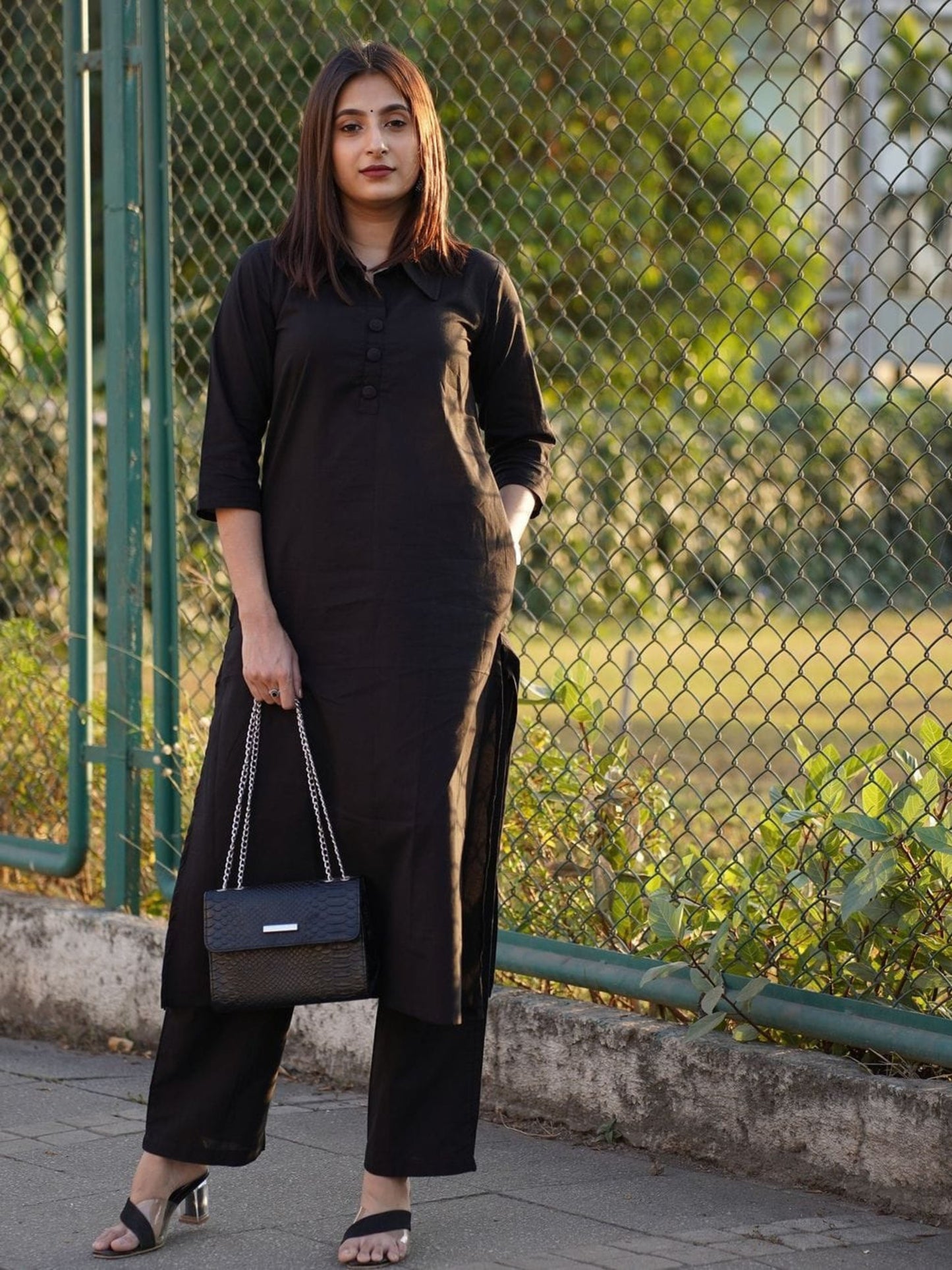 Collar Black Classic Soft Cotton Kurta With Pant