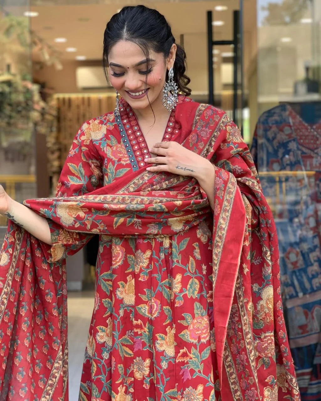 Charming Red Floral Printed Anarkali Kurta With Palazzo Pant & Dupatta