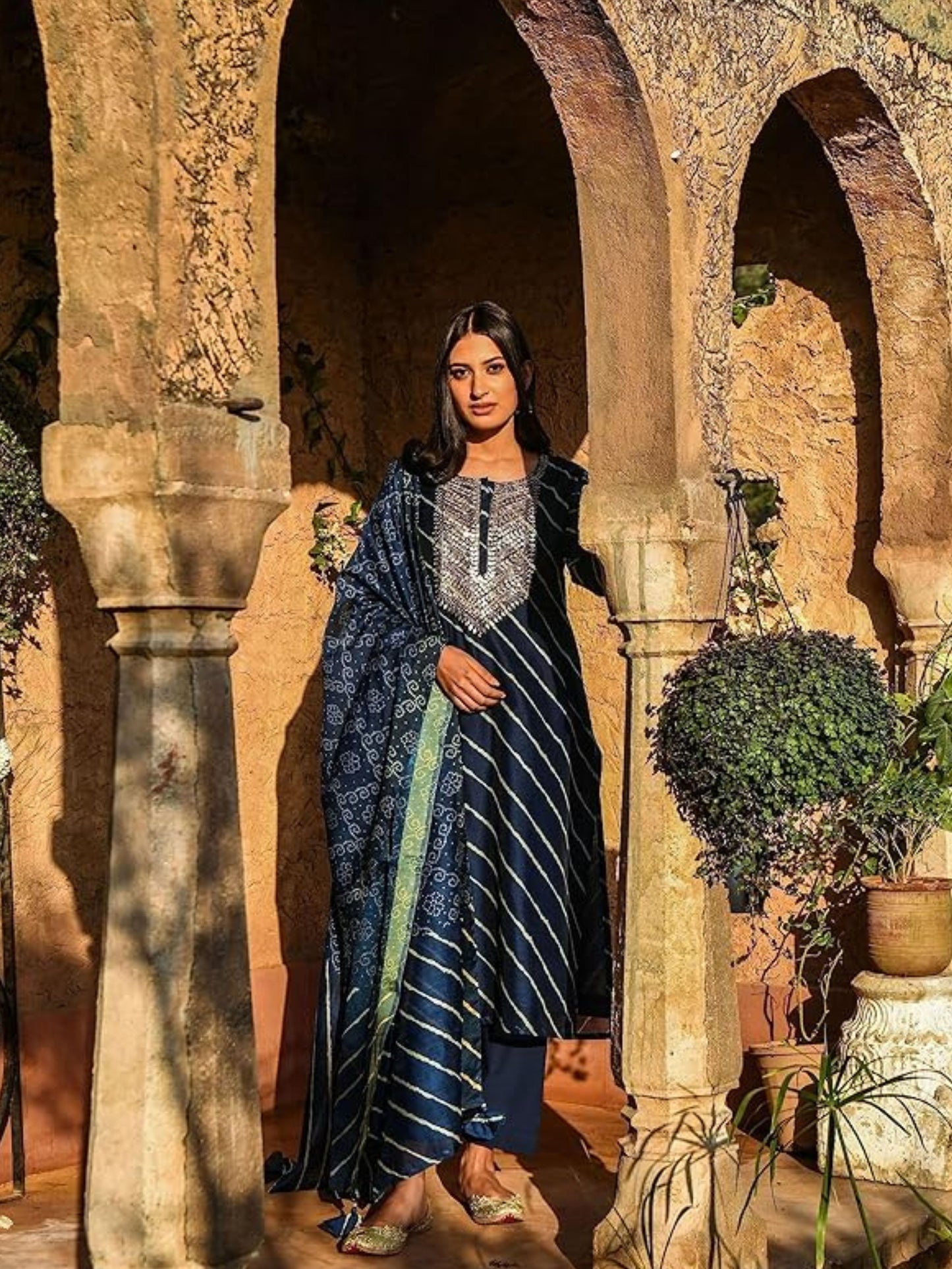 Women's Navy Blue Embroidered Cotton Kurta Pant With Dupatta