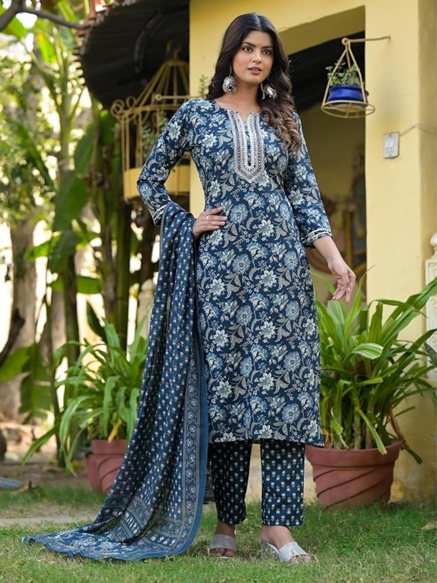 Women's Blue Block Printed Embroidery Straight Kurta Pant With Dupatta