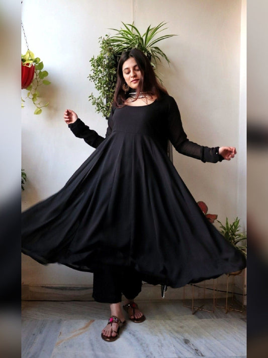 Solid Black Gher Style Cotton Kurta Pant With Dupatta