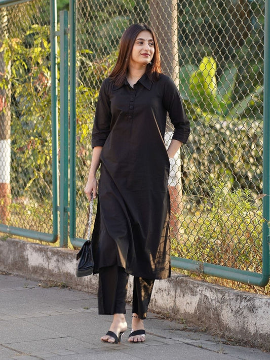 Collar Black Classic Soft Cotton Kurta With Pant
