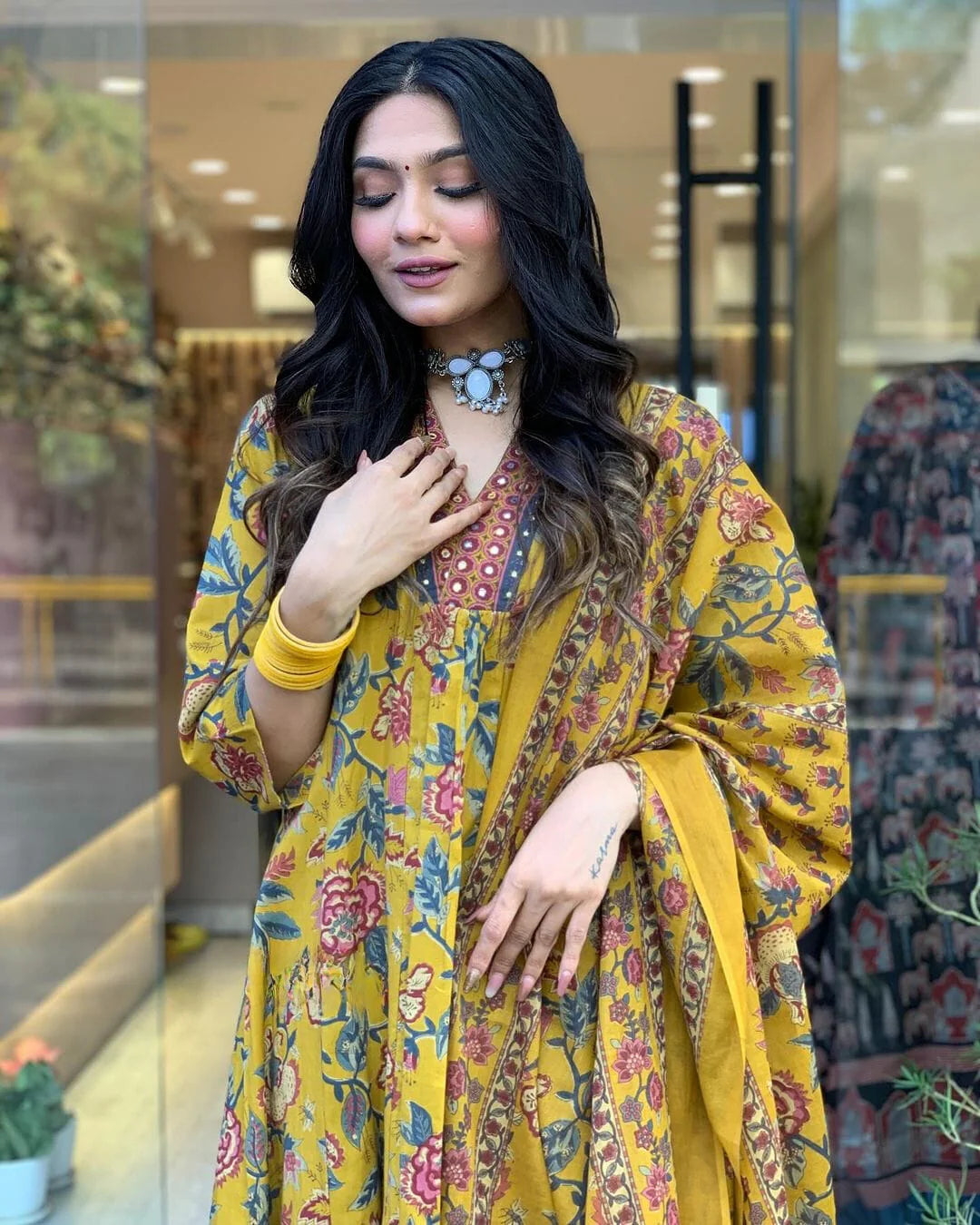Mustard Yellow Floral Printed Anarkali Kurta With Palazzo Pant With Dupatta
