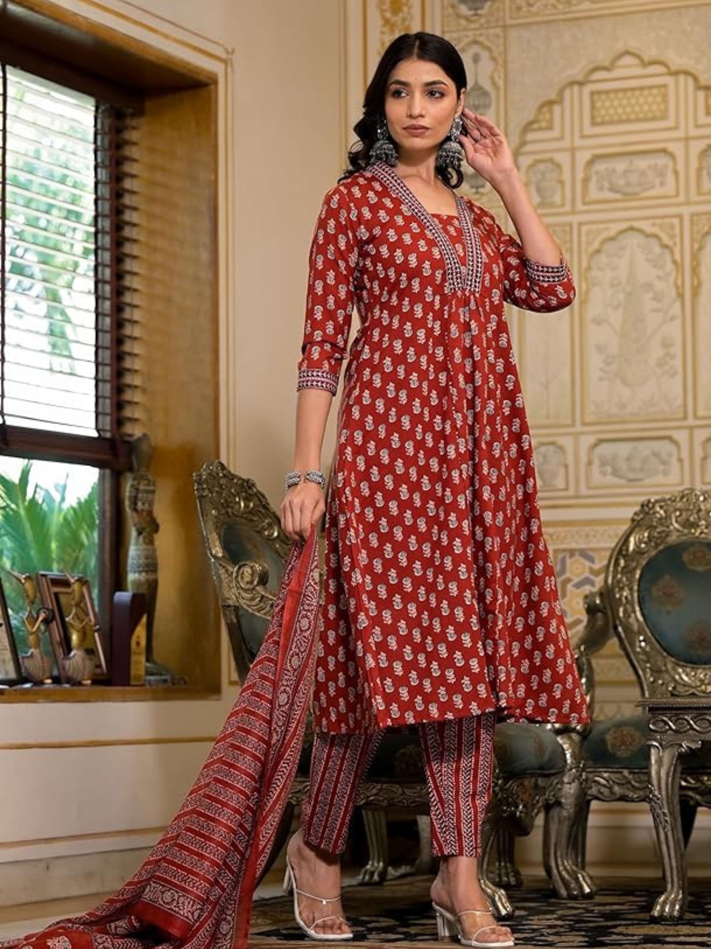 Women's Maroon Printed A-Line Kurta Pant With Dupatta