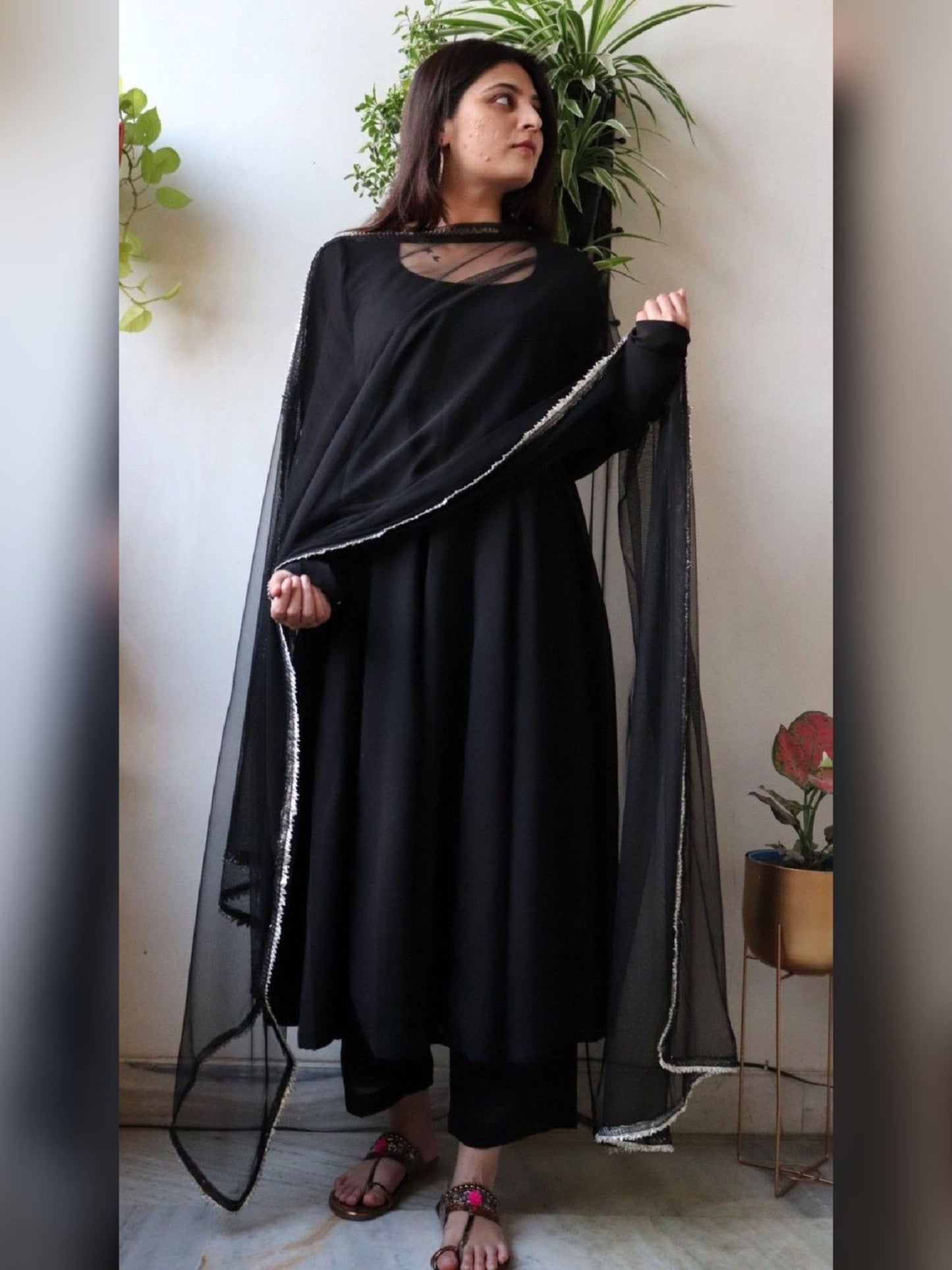 Solid Black Gher Style Cotton Kurta Pant With Dupatta