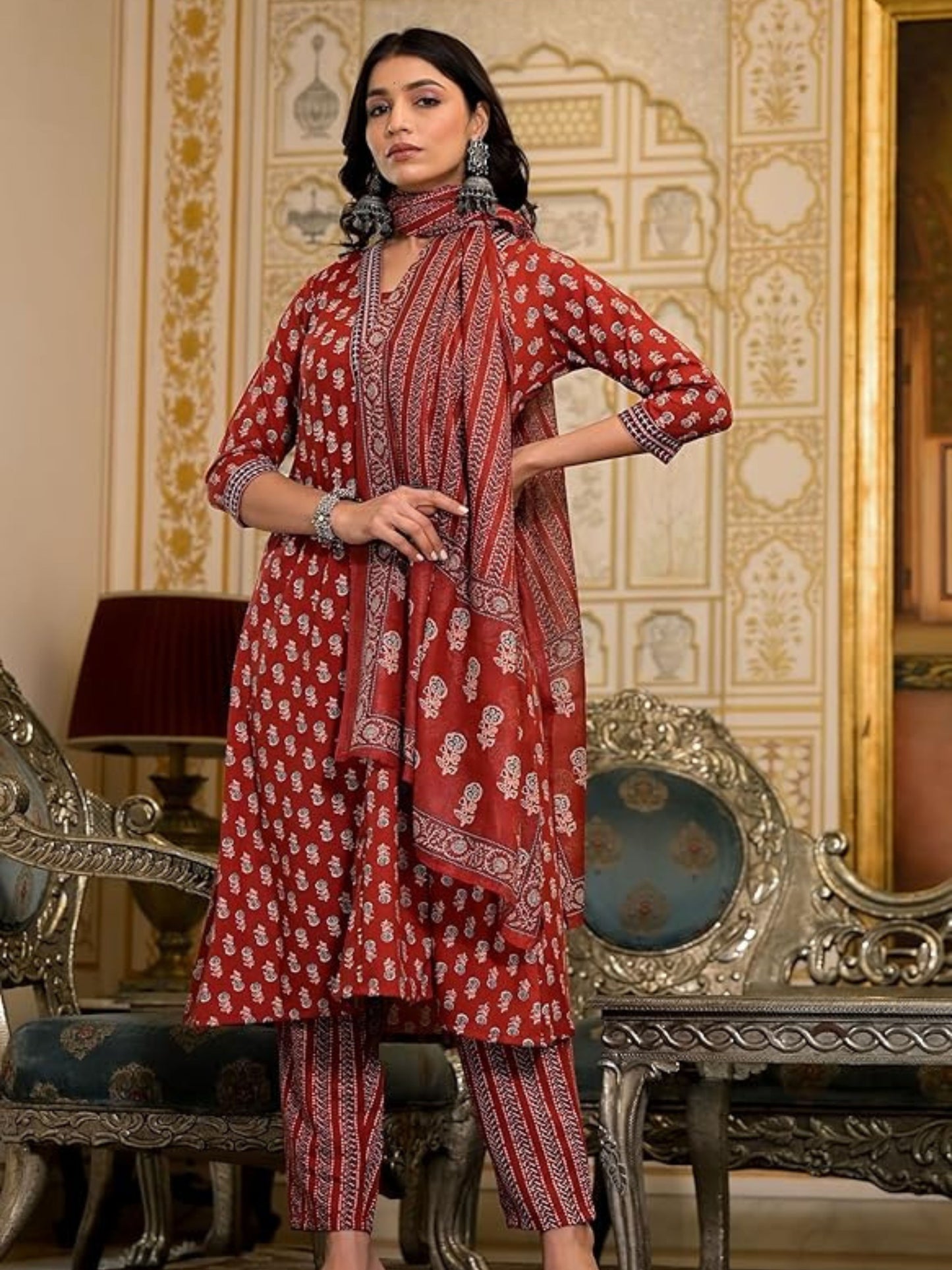 Women's Maroon Printed A-Line Kurta Pant With Dupatta