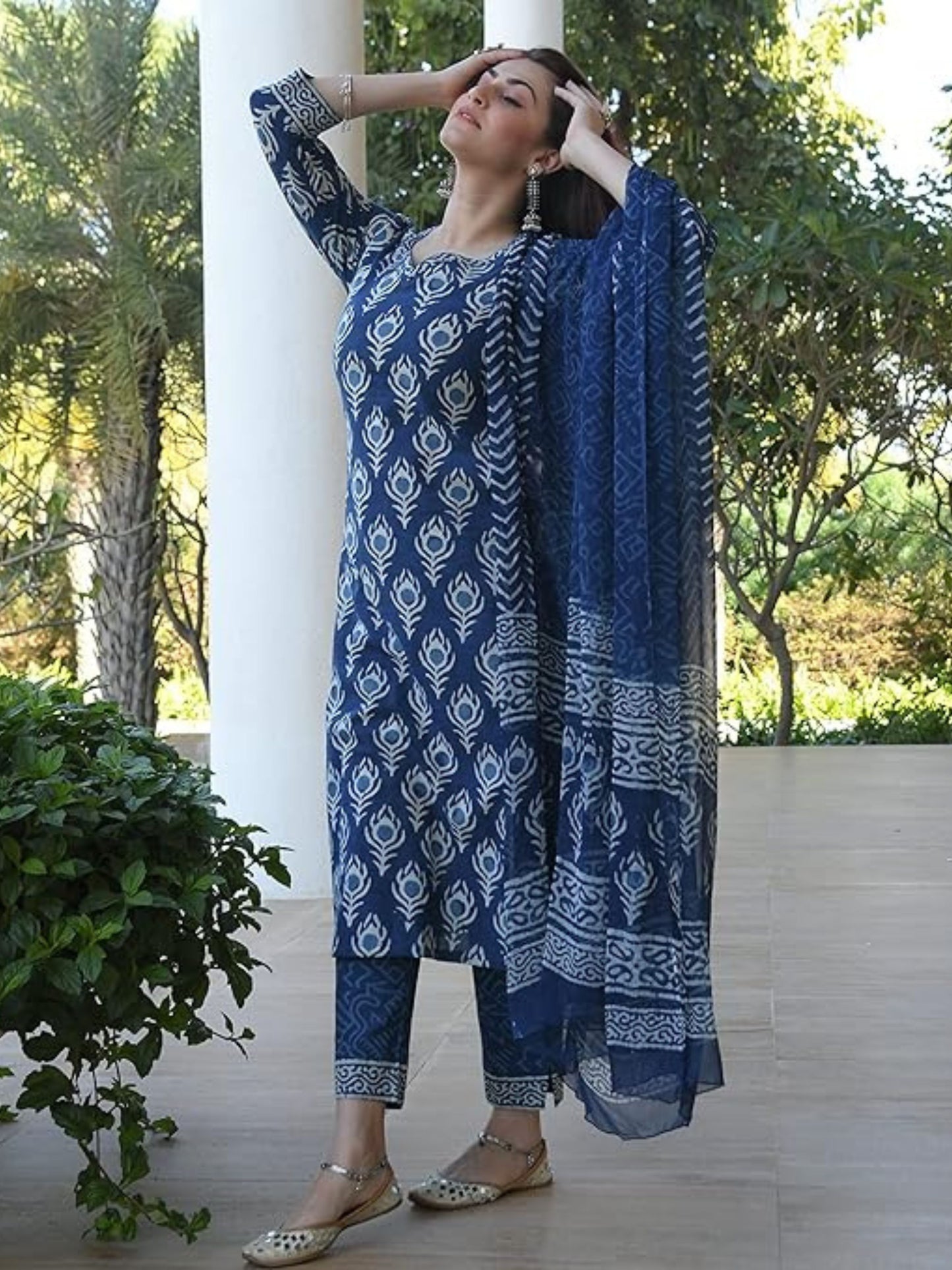 Indigo Blue Peacock Feather Printed Premium Soft Cotton Kurta Pant With Dupatta