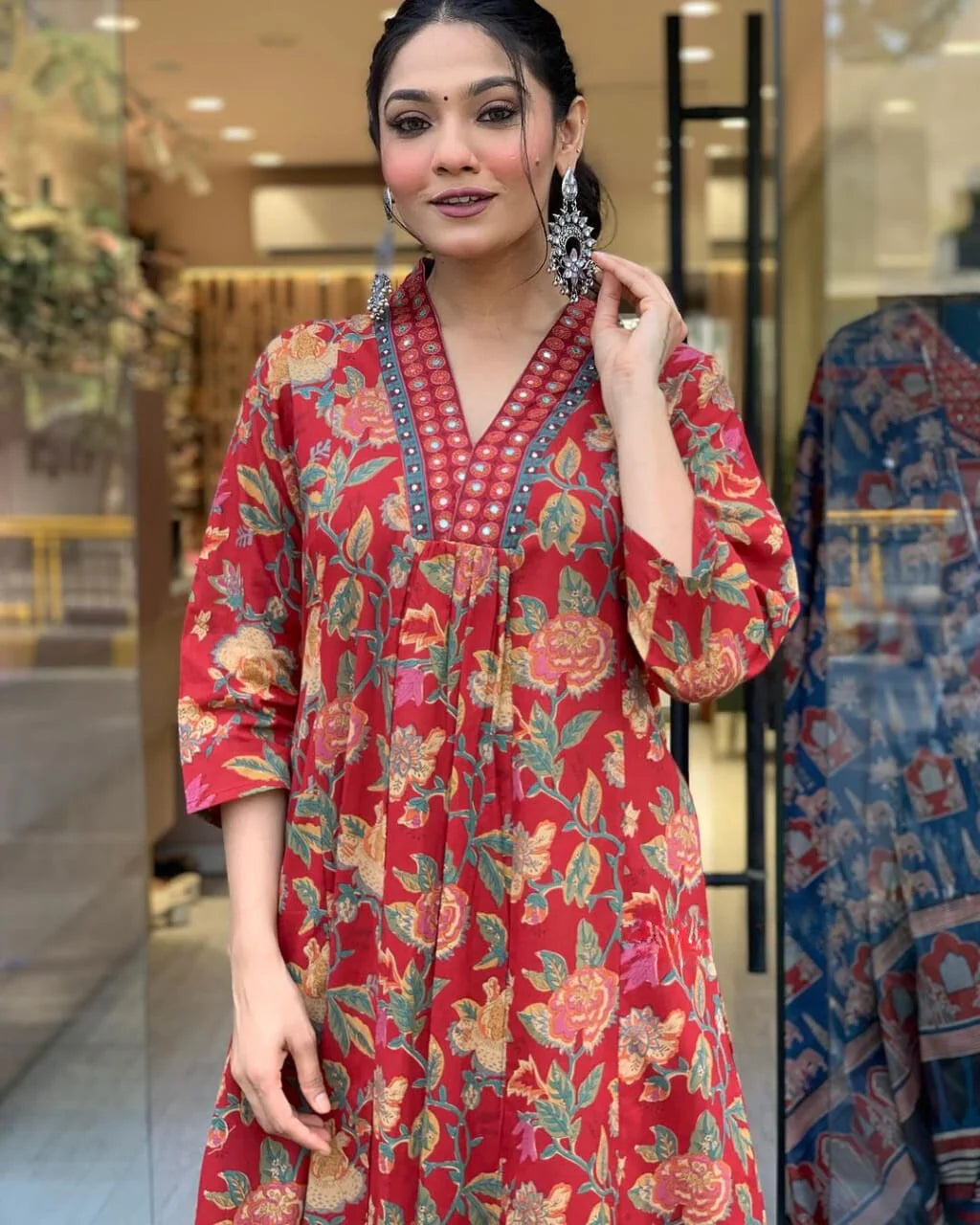Charming Red Floral Printed Anarkali Kurta With Palazzo Pant & Dupatta