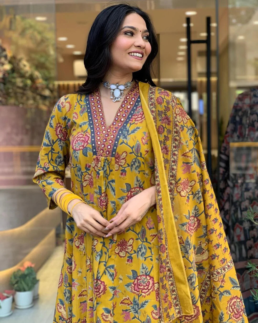Mustard Yellow Floral Printed Anarkali Kurta With Palazzo Pant With Dupatta