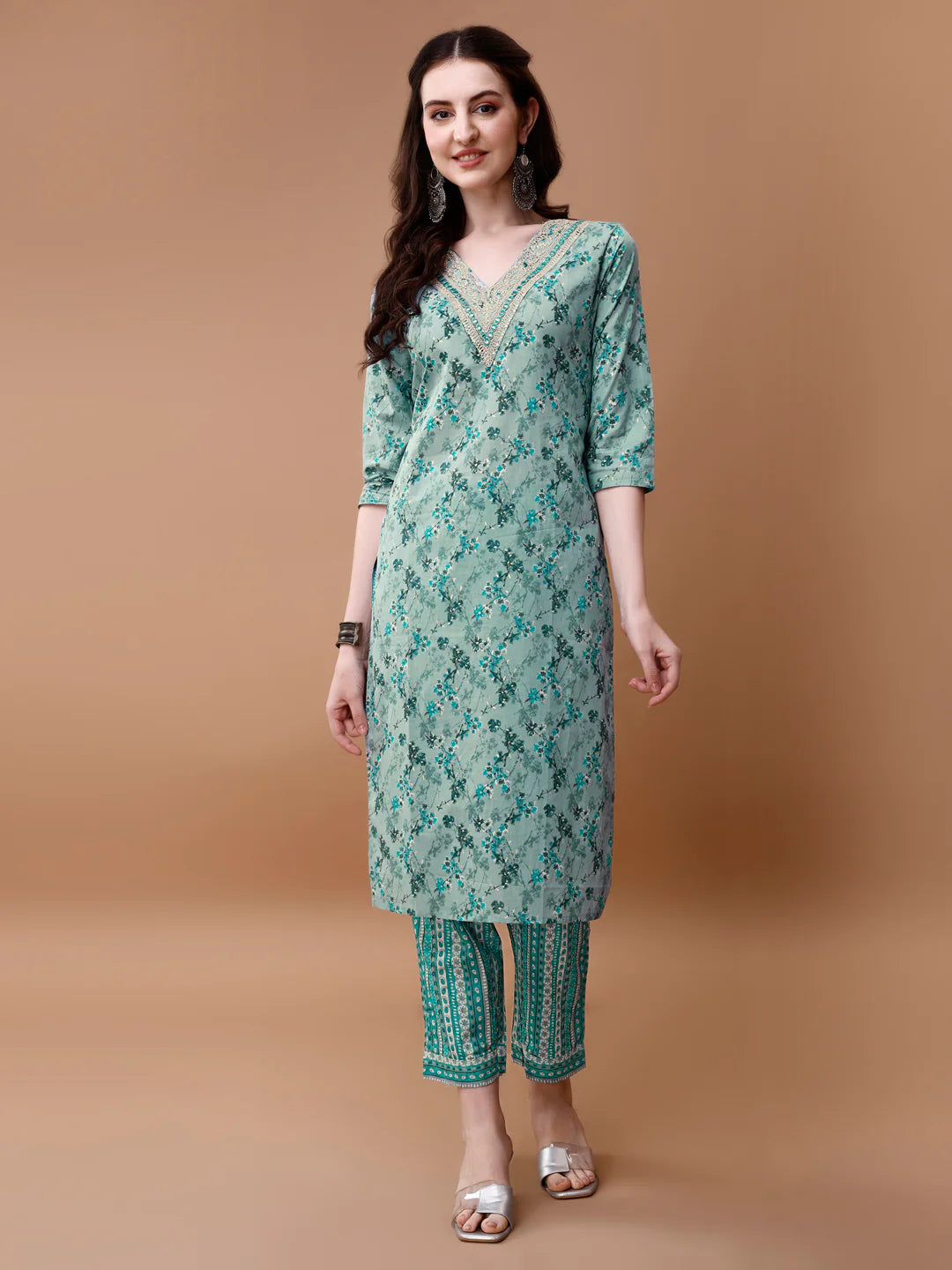 Women's Blue Embroidered & Floral Printed Cotton Kurta Pant With Dupatta