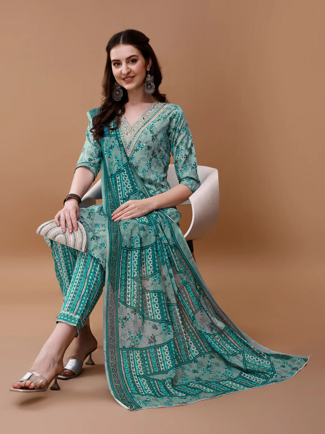 Women's Blue Embroidered & Floral Printed Cotton Kurta Pant With Dupatta