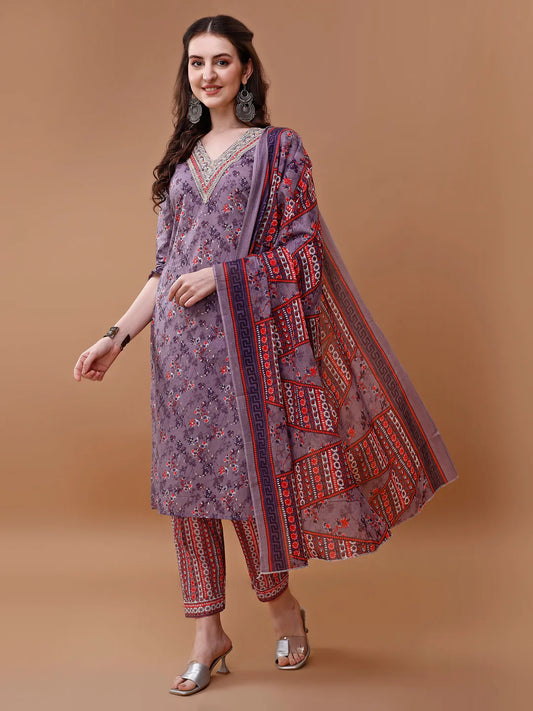 Women's Purple Embroidered & Floral Printed Cotton Kurta Pant With Dupatta