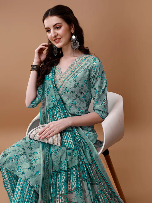 Women's Blue Embroidered & Floral Printed Cotton Kurta Pant With Dupatta