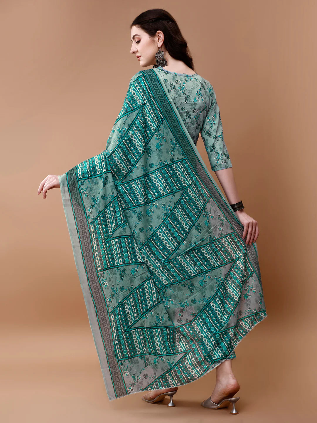 Women's Blue Embroidered & Floral Printed Cotton Kurta Pant With Dupatta