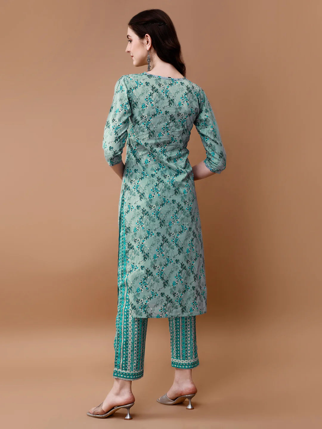Women's Blue Embroidered & Floral Printed Cotton Kurta Pant With Dupatta