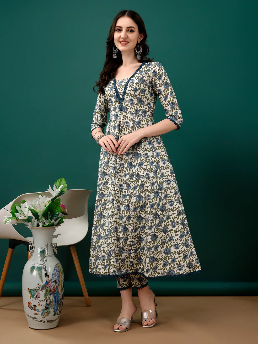 Women's Navy Blue Floral Printed Anarkali Cotton Kurta Pant With Dupatta
