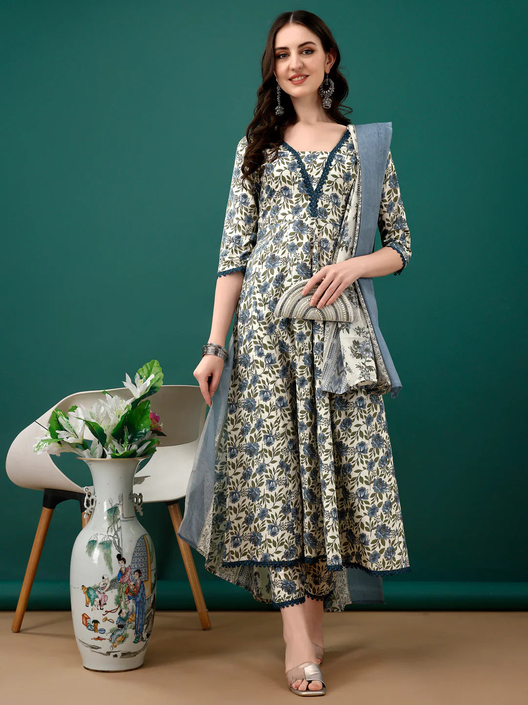 Women's Navy Blue Floral Printed Anarkali Cotton Kurta Pant With Dupatta