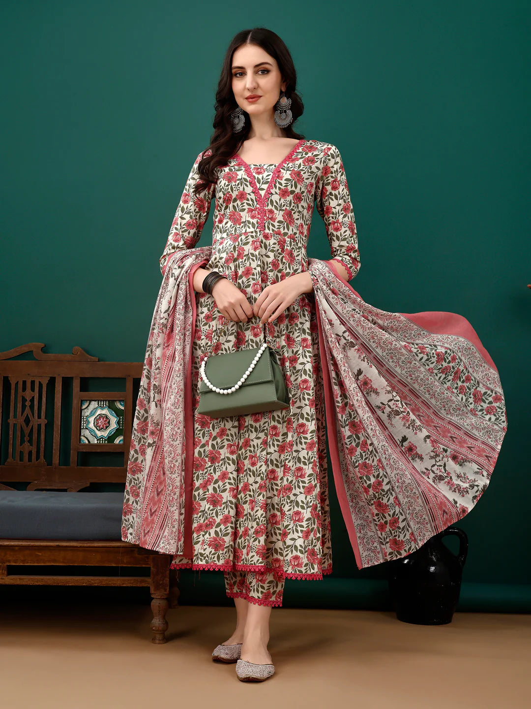 Women's Pink Floral Printed Anarkali Cotton Kurta Pant With Dupatta