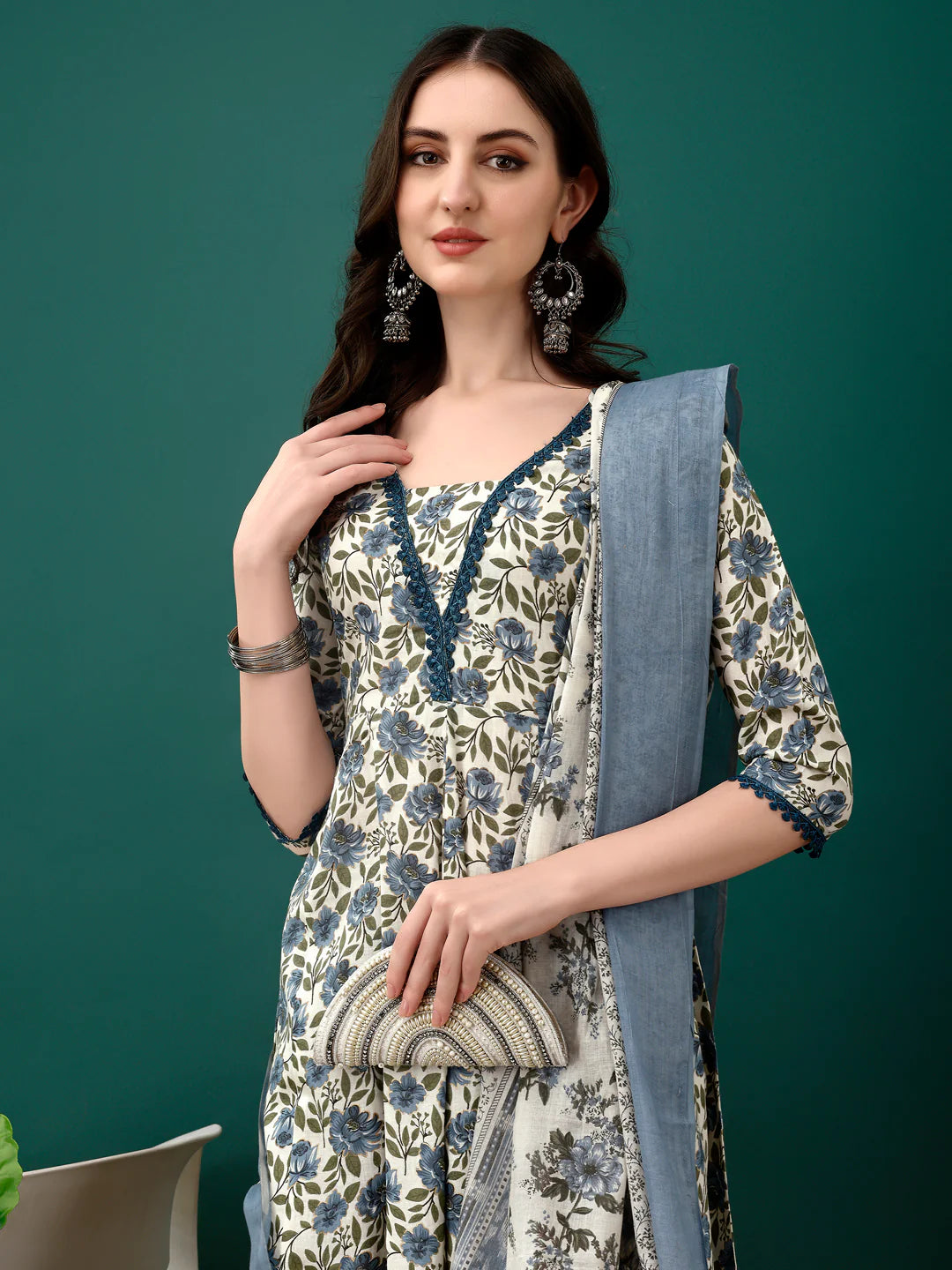 Women's Navy Blue Floral Printed Anarkali Cotton Kurta Pant With Dupatta