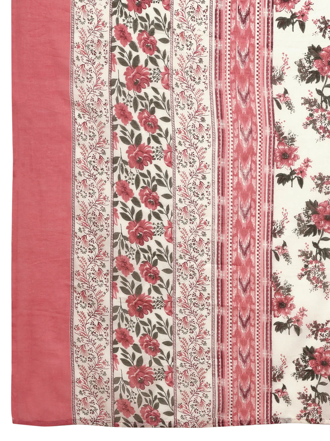 Women's Pink Floral Printed Anarkali Cotton Kurta Pant With Dupatta